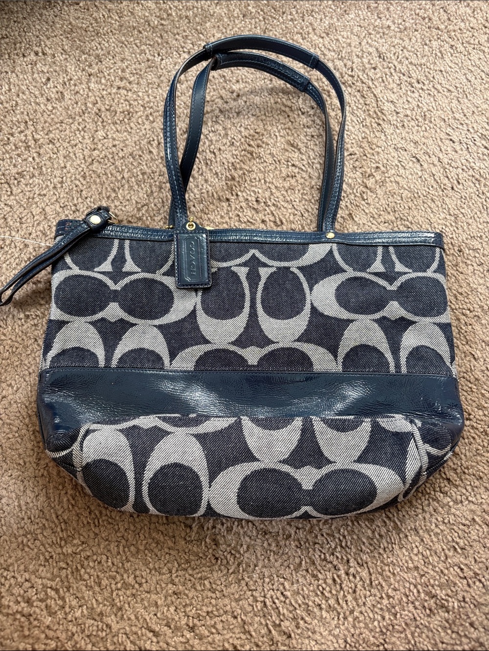 Coach Canvas Tote with Navy Leather Trim